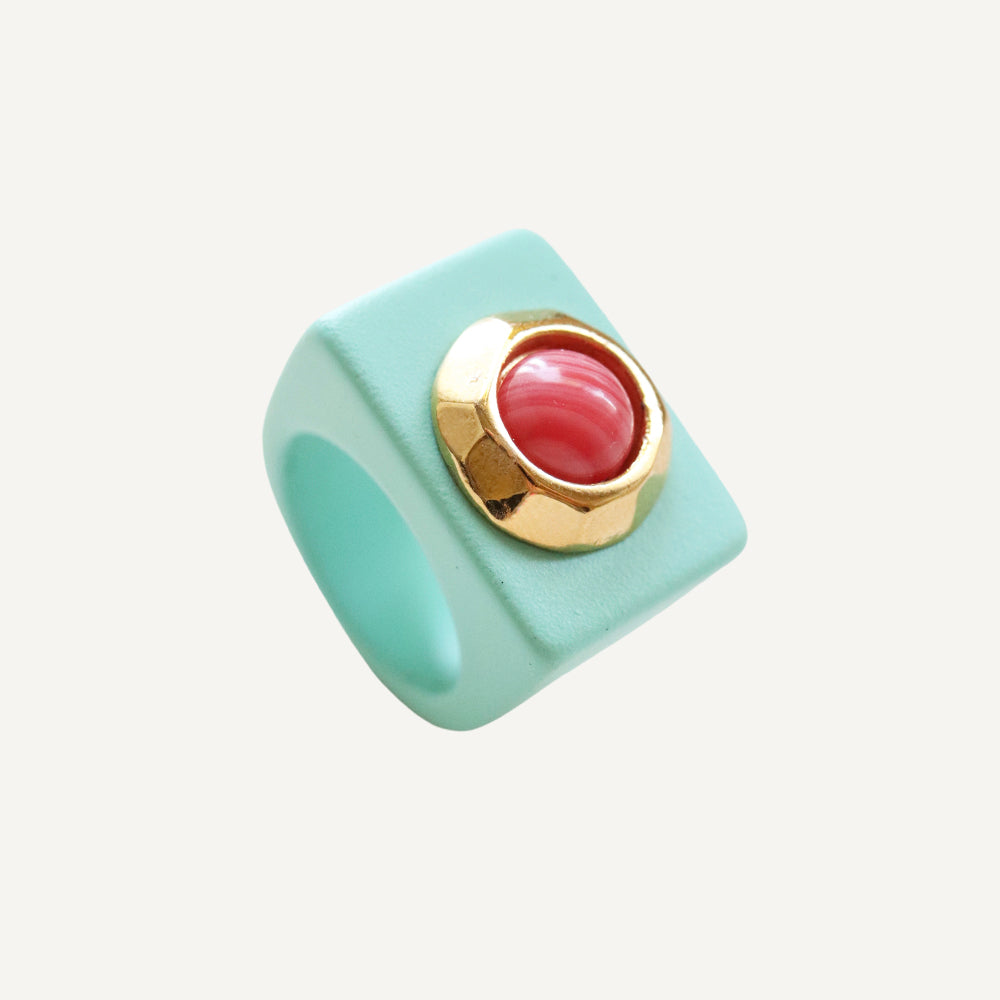 Anillo verde turquesa con piedra natural Agata roja