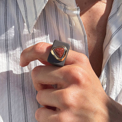 Anillos grandes mujer marrón con piedra natural [ Glitter]