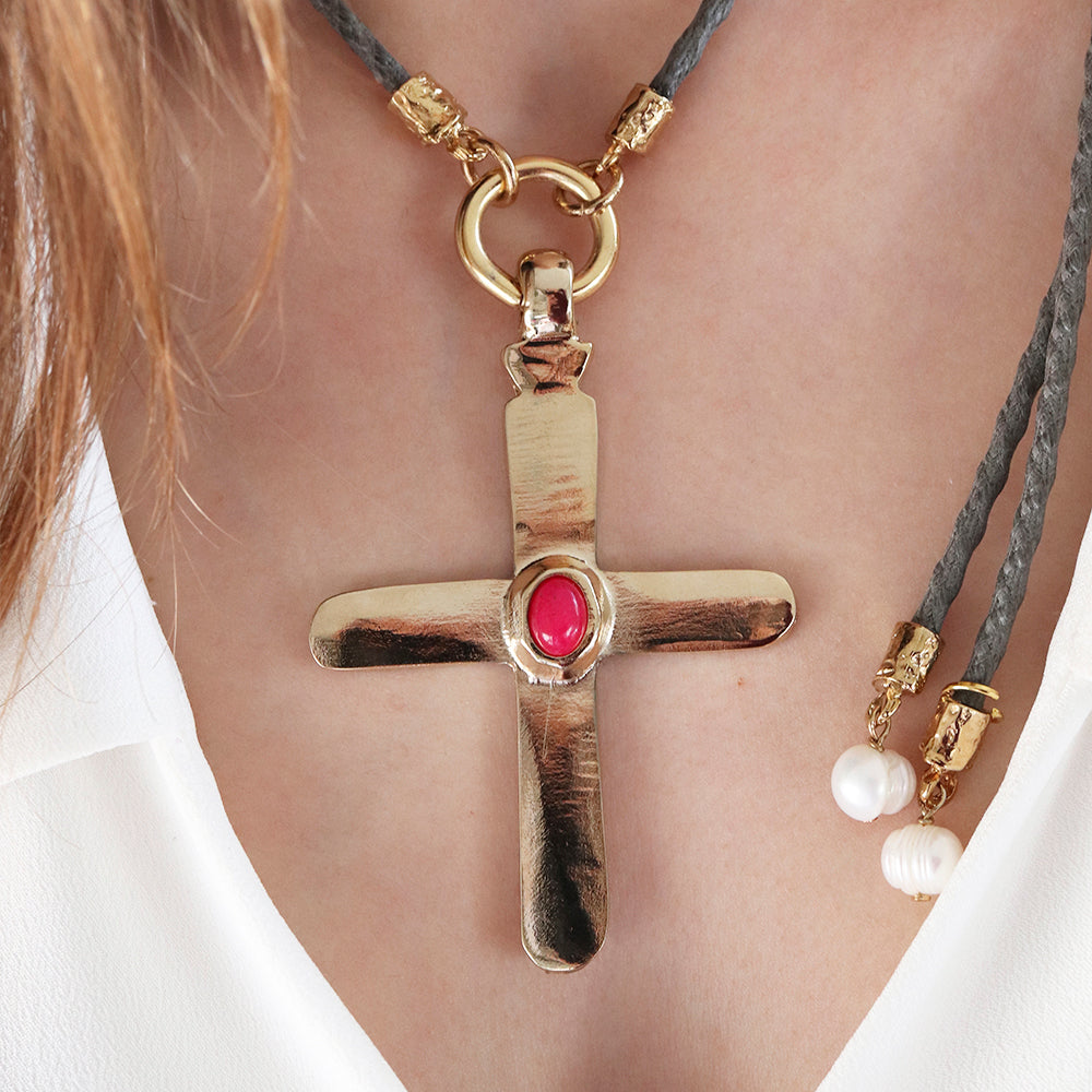 Collar cruz largo ajustable mujer piedra natural CRUZEA Monsul