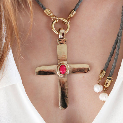 Collar cruz largo ajustable mujer piedra natural CRUZEA Monsul